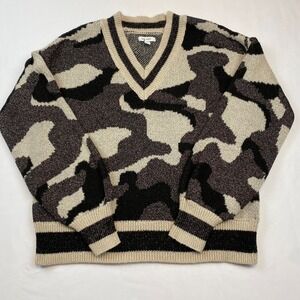 Metallic Sparkle Camo V-Neck Sweater‎ Varsity Trim Size L Statement Knit Glitter